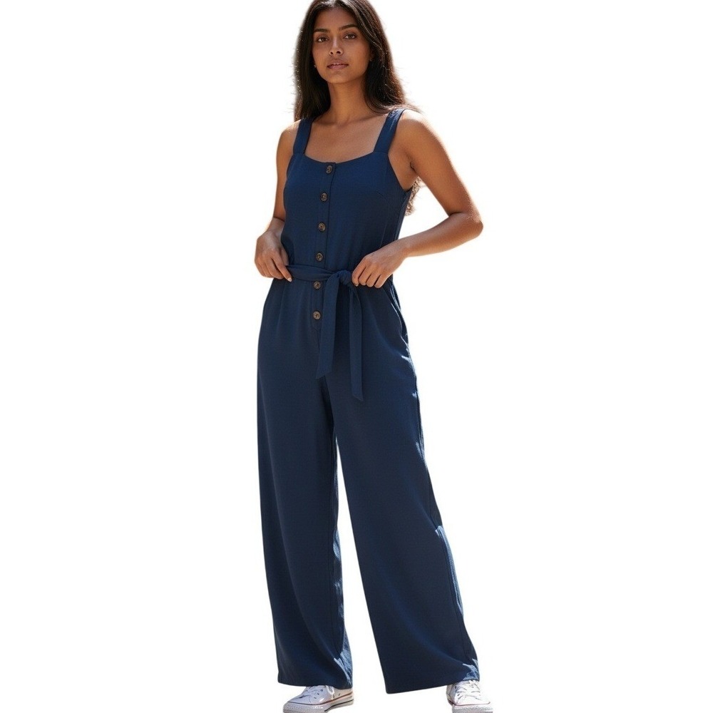 As U Wish Navy Blue Wide Leg Button Front Belted Jumpsuit  Womens Medium